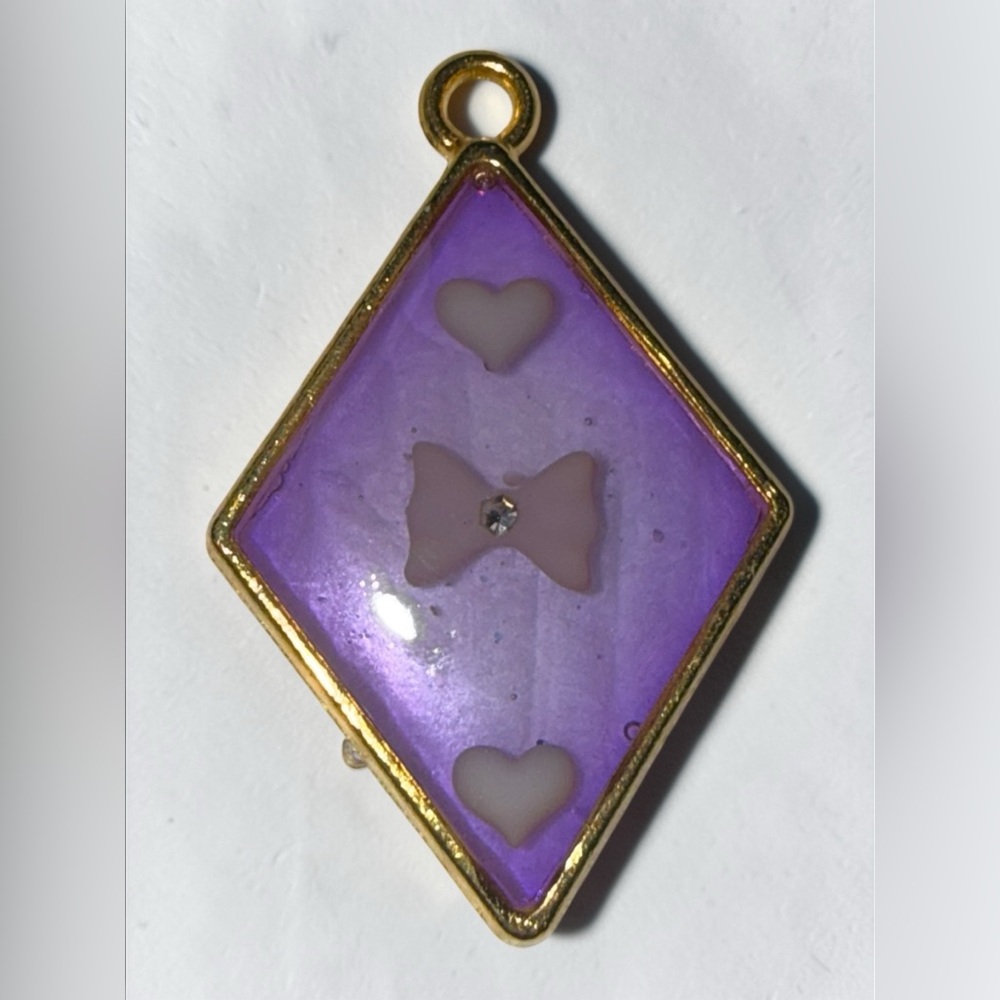 Purple Resin Heart & Bow Pendant Necklace Gold Bezel Handmade Jewelry